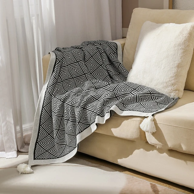Ethnic Style Sofa Cover Blanket, Knitted Blanket, Herringbone Patterned Air Conditioning Blanket, Tassel Nap Blanket 5