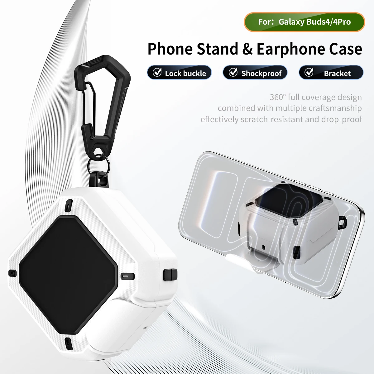 Compact Shockproof Carbon Fiber Earbuds Case with Carabiner & Security Lock