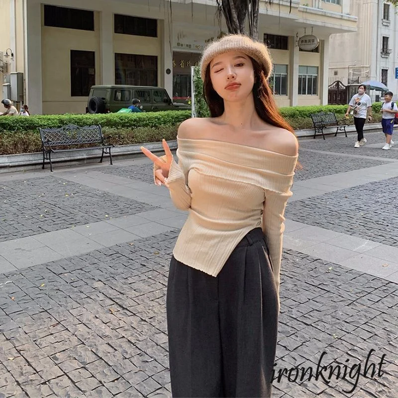 

ironknight-Women Casual Solid Color Off-shoulder Long Sleeve Knit Tops