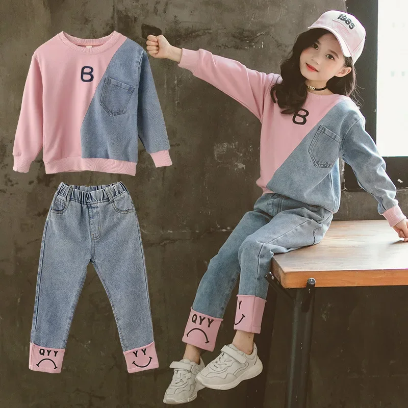 

2 Pcs Girls Clothes Sets Spring Autumn Children Denim Patchwork Sport Suit Long Sleeve Girls Tracksuit Kids Clothing Sets 4-14Y