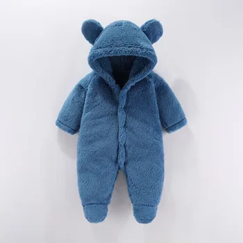 Newborn Baby Rompers Autumn Winter Warm Fleece Baby Boys Girls Costume Baby Clothing Solid Plush Overalls Hooded Jumpsuits 0-12M 2