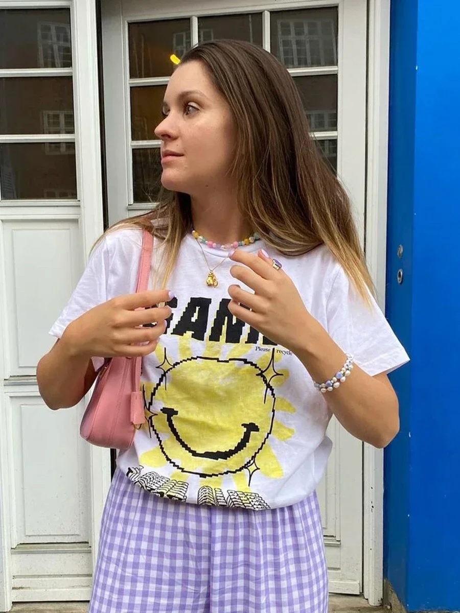 

Pattern Letters Print T-shirt Summer Woman Short Sleeve Round Neck Organic Cotton T-Shirts Female Casual Tshirt Top Fashion 2023