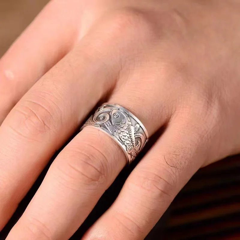 S999 Vintage Thai Silver Heart Sutra Carp Ring Men's and women's open personality trend wide adjustable ring
