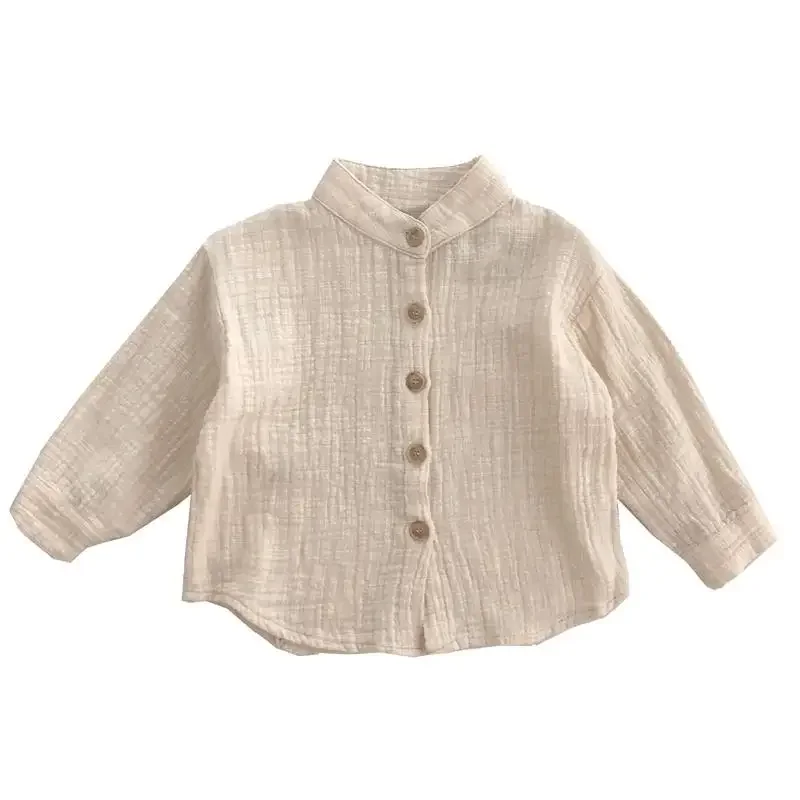 Spring  Autumn New Korean Children's Cotton and Linen Standing Neck Shirt Long Sleeved Loose Cotton Linen Shirt Top Long Sleeved 6