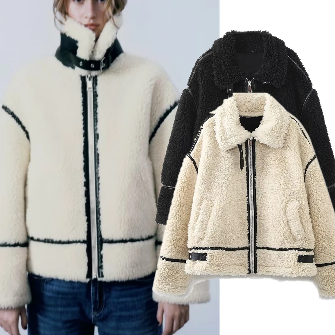 

Elmsk 2023 Vintage Fleece Coat Women Patchwork Lapel With Jacket Ladies