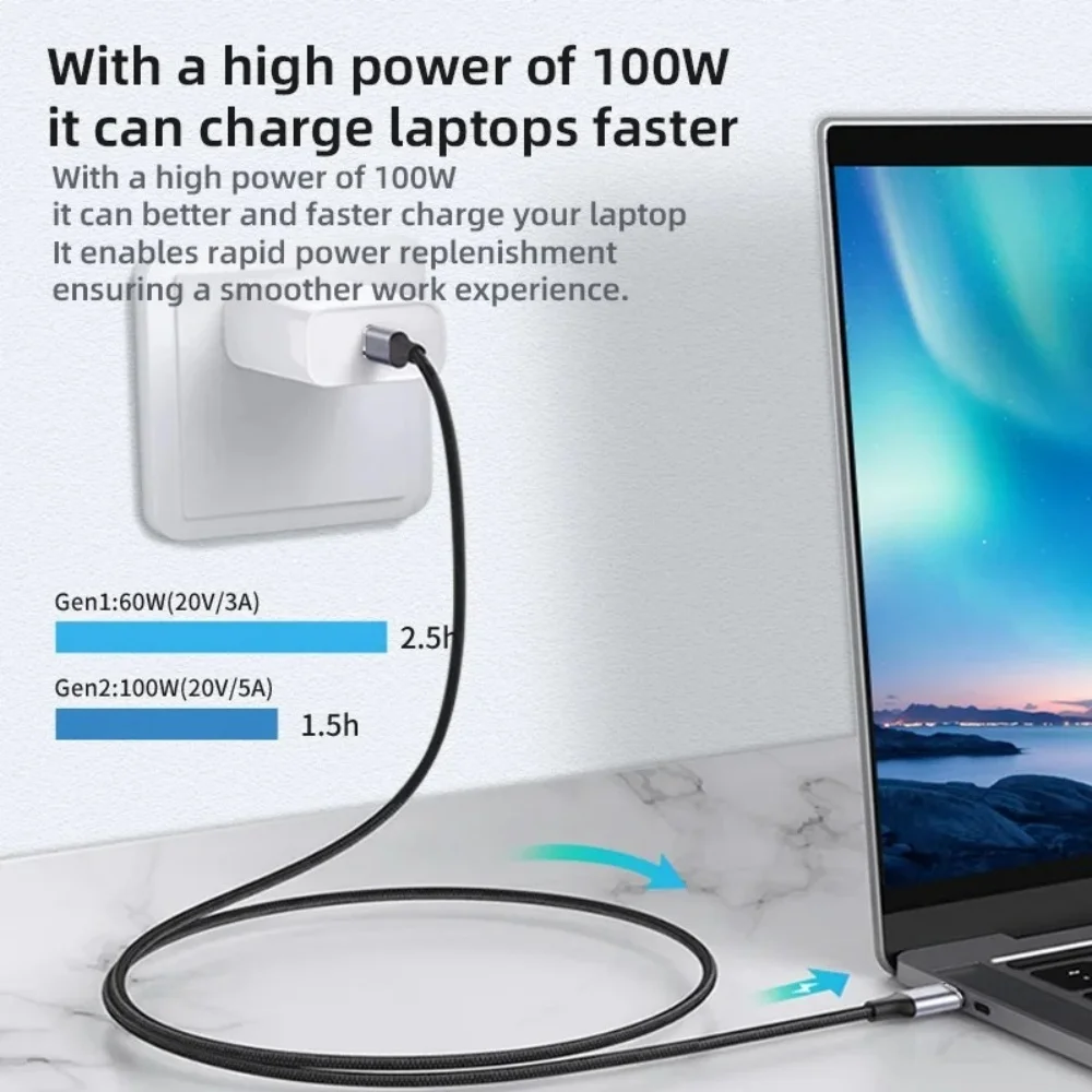 100W PD 고속 충전 케이블 5A 타입 USB C 3.1 Gen 2 남성-여성 연장 코드 90도 각도 10Gbps USB C 연장 데이터 케이블