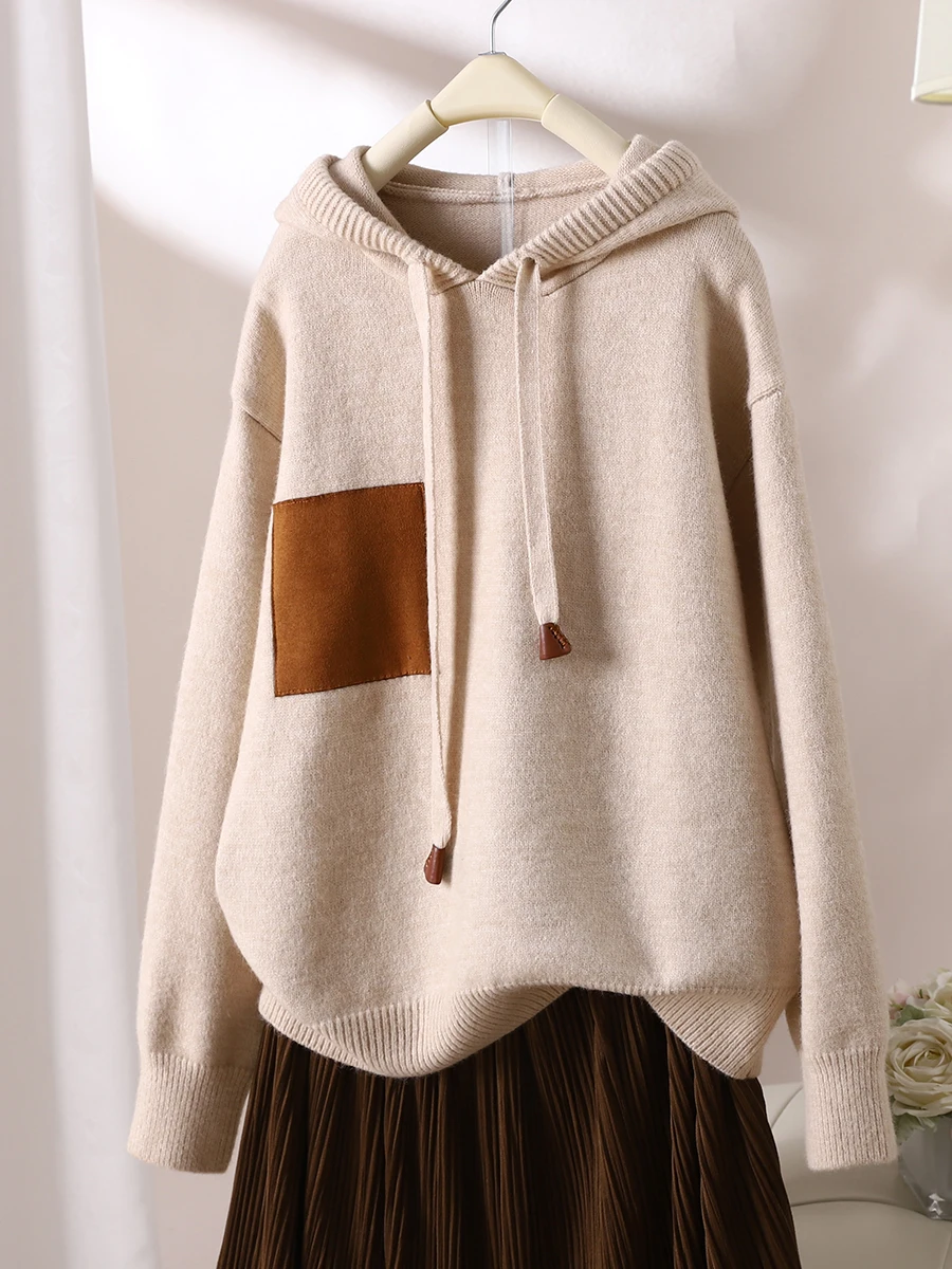 

2023 осень/зима вязаный пуловер с капюшоном на шнурке для женщин повседневный свободный Универсальный мягкий свитер