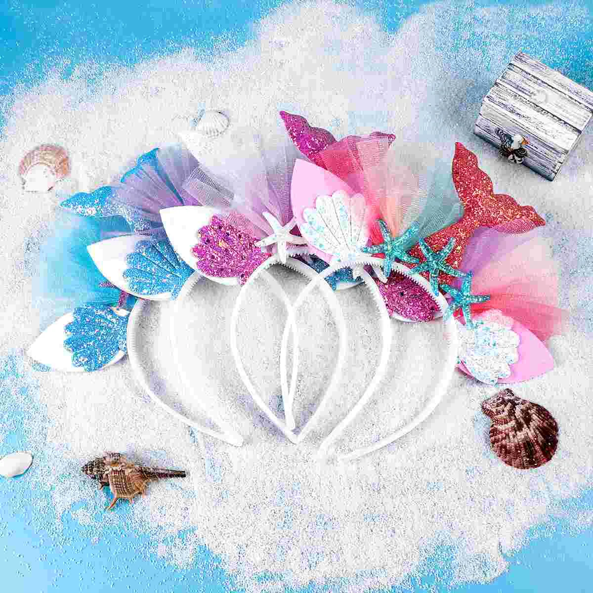 

4pcs Glitter Headband Beach Hair Band Tail Headband Tiara Crown Hair Accessories Gifts for Kids Summer Coastal Birthday Party