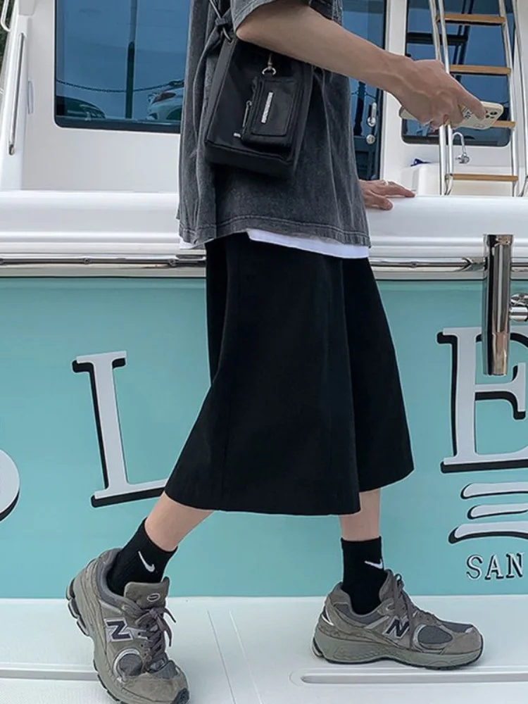 HOUZHOU Harajuku Korean Style Beige Wide Capri Pants Women Japanese Streetwear Oversize Cotton Black Trousers Summer Basic Sport