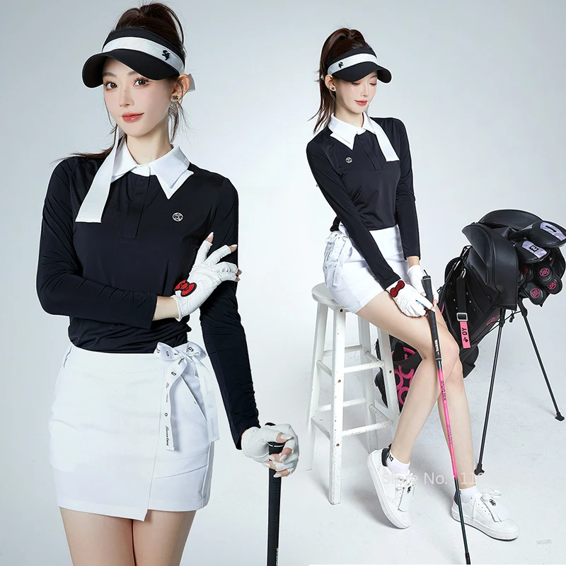 SG Golf Clothing Women Lapel Long Sleeve Shirt Ladies Slim Sports Polo Tops High-waist Bowknot Short Skirt Pencil Golf Skorts