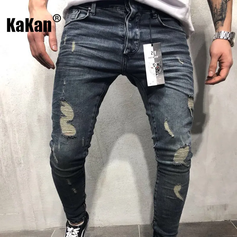Kakan - European and American Distressed Jeans for Men's Wear, with Zippered Fit At The Hem and Small Leg Jeans K40-103