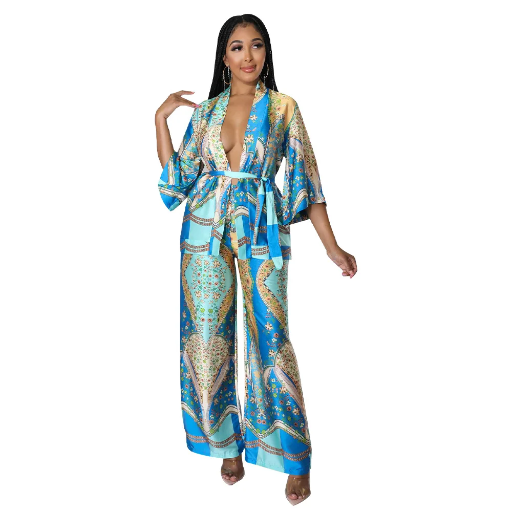 WomensSatinPajamaSetPrintSummerSpringLadiesSleepwear2Pcs