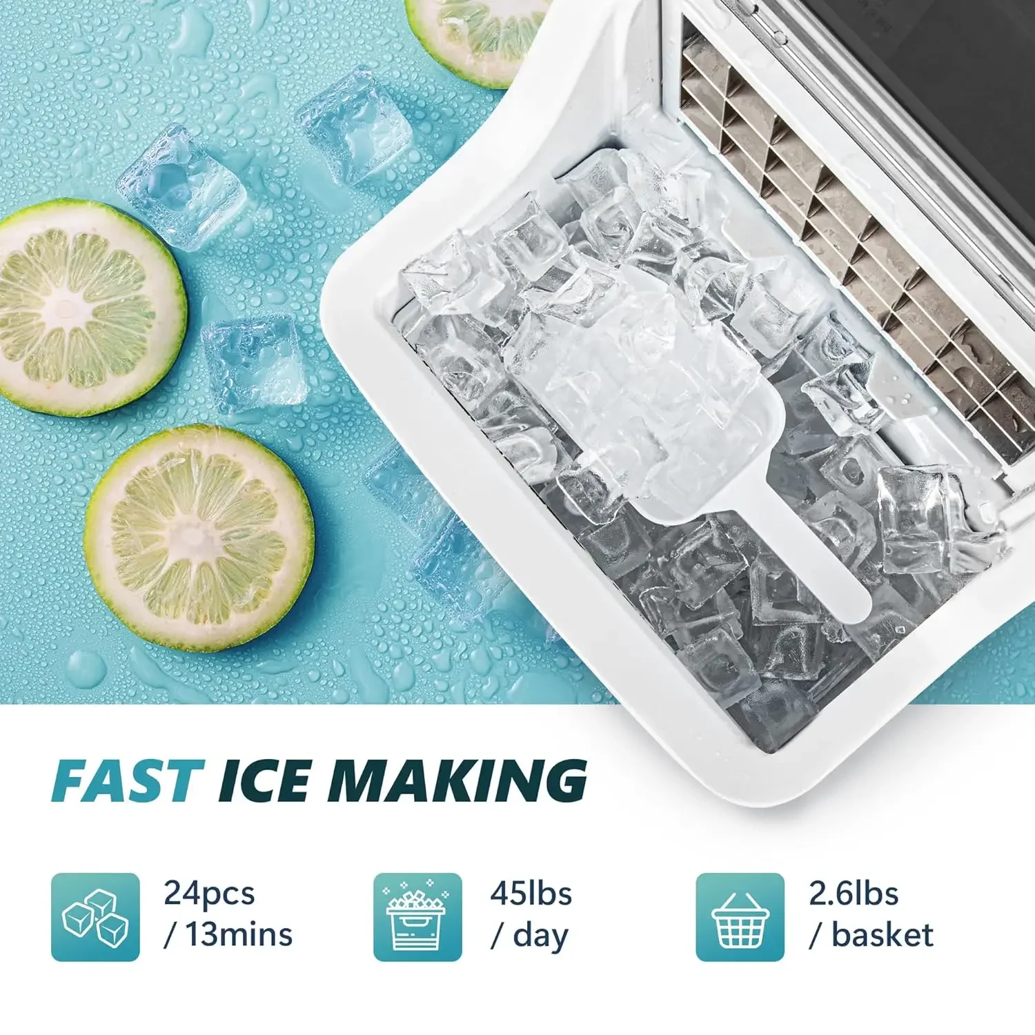 Ice Cube Maker Machine Countertop, 2 Ways to Add Water, 45Lbs/Day 24 Pcs Ready in 13 Mins, Self-Cleaning Portable Compact, with 2