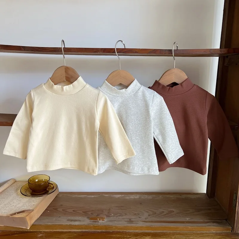Casual Newborn Baby T-shirt 0-3Years Infant Kids Boy Girl Solid Color Long Sleeve Mock Neck Cotton Tee Undershirt Spring Clothes