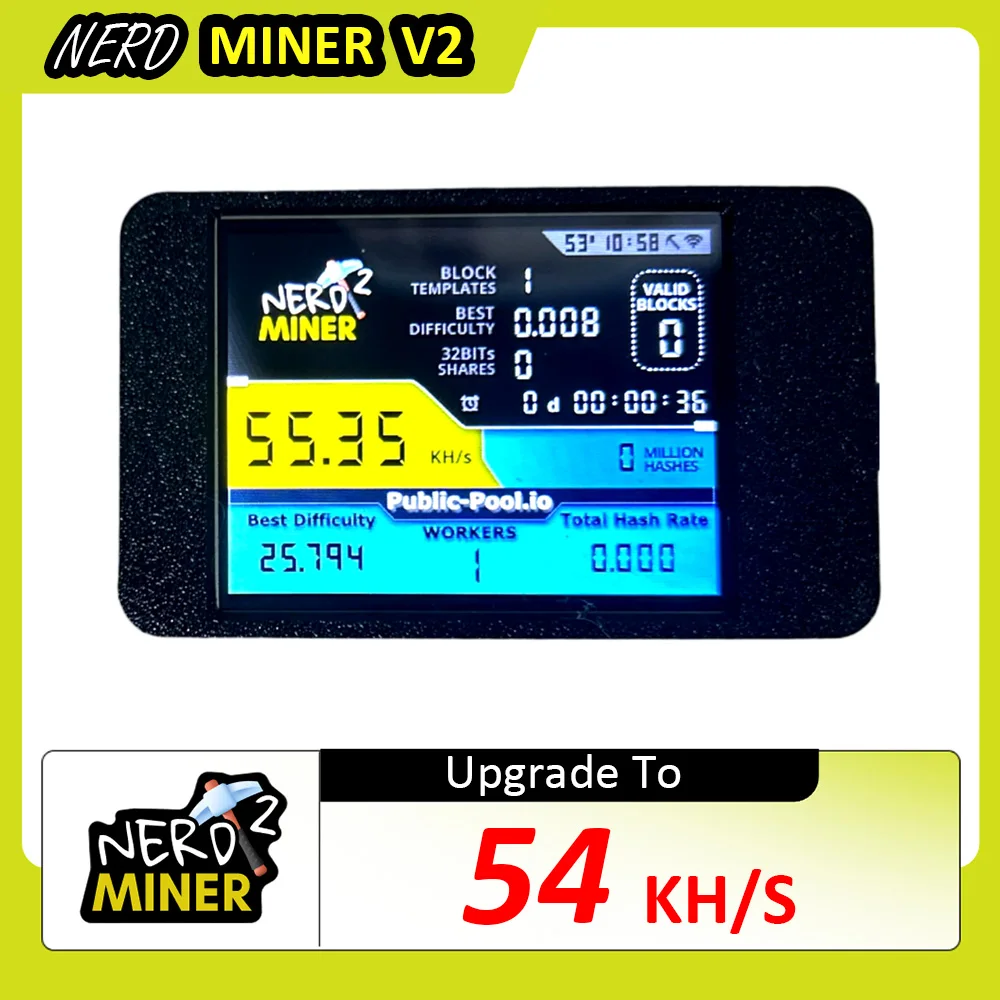 NerdMiner V2 Hashrate, écran intelligent, Crypto Solo, loterie, Nerd Miner, Bitcoin Miner ESP32-2432S028R, 54 k/S, 2,8 pouces