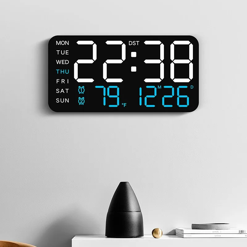 Enhanced LED Digital Wall Clock with Temperature, Date, and Dual Alarm Function - 12/24-Hour Display, No Battery Needed