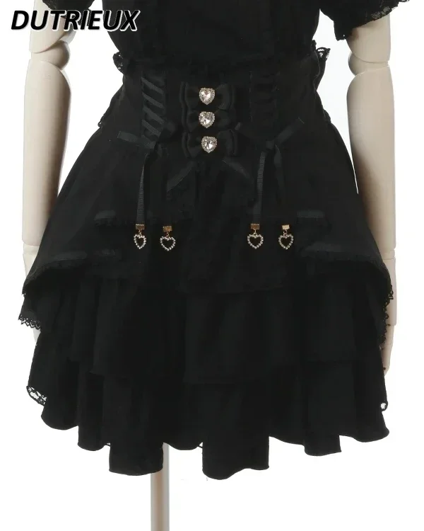 Japanese High Waist Drawstring Slim-Fit Lolita Skirt Women Multi-Layer Lace Bow Cake Skirts Summer Pleated Skirt lolita skirt