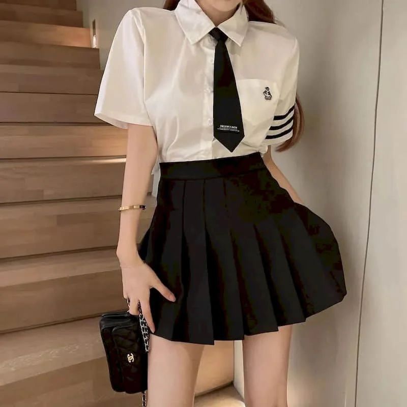 JK 유니폼 일본 한국 스타일 정장 드레스 여성, 프레피 스타일 화이트 반팔 셔츠, 하이웨이스트 플리츠 스커트 세트, 여름