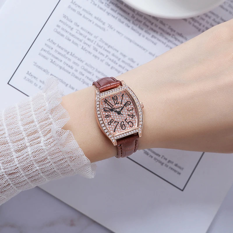 

004New fashion wine barrel number full drill girl ladies watch quartz belt watches wholesale