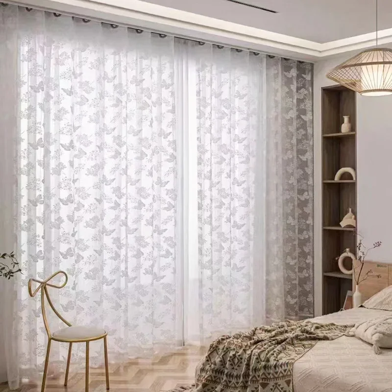 Sheer Curtains Embroidered White Tulle Door Screen for Living Room Bedroom Shutter Balcony Windows Lace Butterfly Partition Door