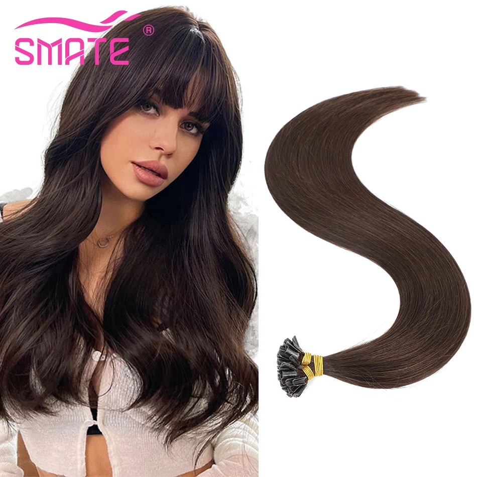 

SMATE Keratin Human Hair Extensions U-Tip Natural Hair Hot Fusion European Hair Nail Capsules Pre Bonded 12"-26" 1g/Strand