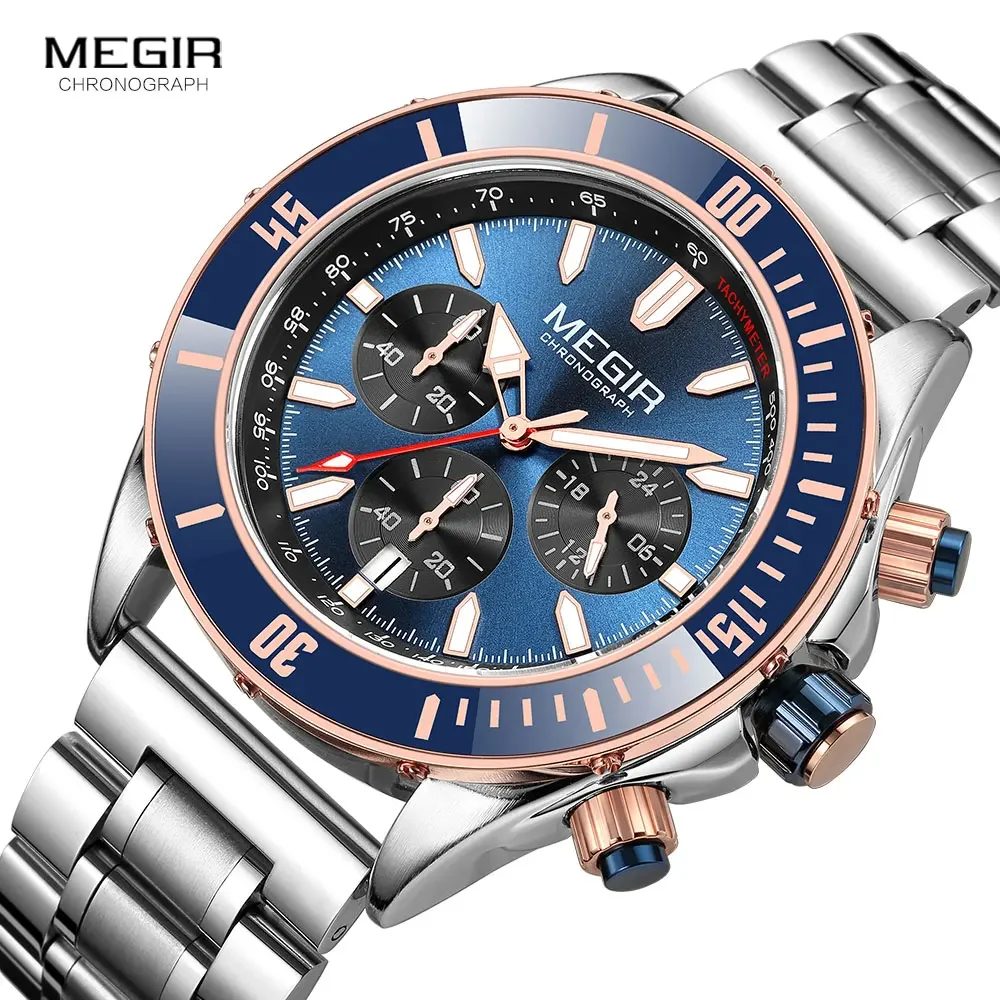 MEGIR Business Dress Watch Men Silver Blue Luminous Waterproof