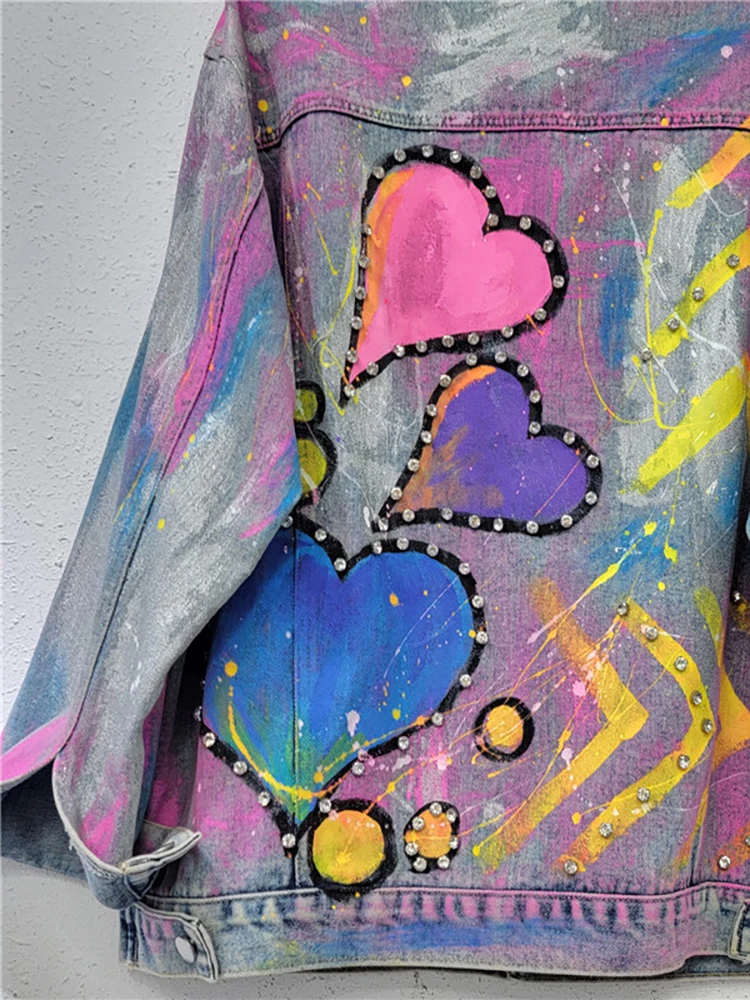 DEAT Women Denim Coat Colorful Heart Shaped Graffiti Hand