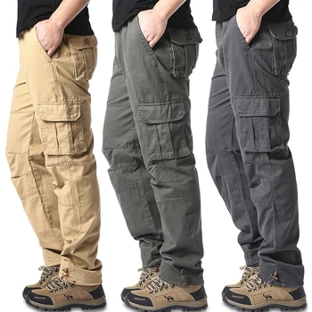 Large Pocket Loose Overalls Men's Outdoor Sports Jogging Military Tactical Pants Elastic Waist Pure Cotton Casual Work Pants 1