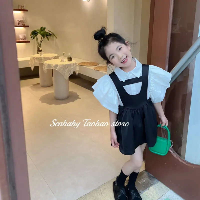 

Children's Clothing 2022 Girls' Suit Children's Summer Clothing Western Style Cute Flying Sleeves Doll Shirt Suspender Skirt