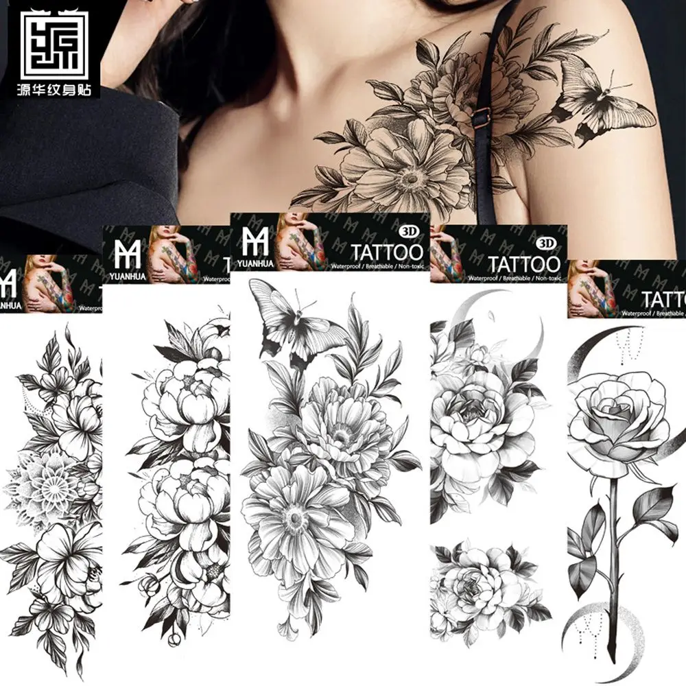Large Water Transfer Decals Waterproof DIY Rose Fake Tattoo Black Flowers Temporary Tattoo for Body Arm Leg Body Art Stickers
