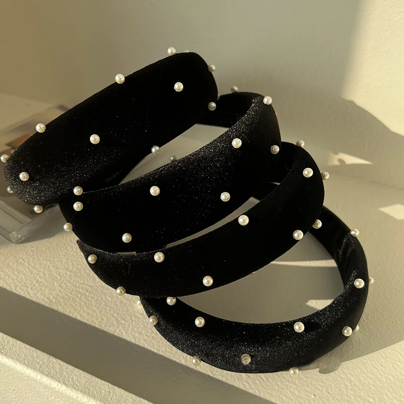 

New Black Velvet Pearls Padded Hairband Headwrap for Women Thick Sponge Hair Hoop Head Band Fashion Hair Accessories