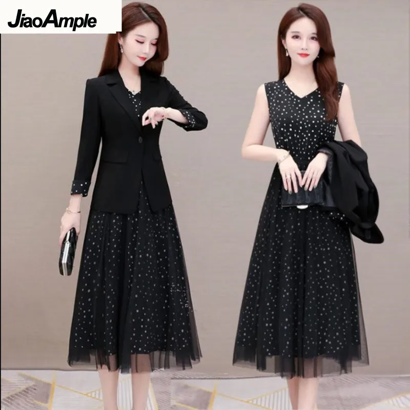 2024 Spring New Suit Dress Set Women's Fashion Slim Blazers+ Mesh Polka Dot Dresses Two-piece Korean Elegant Midi Skirt Suit