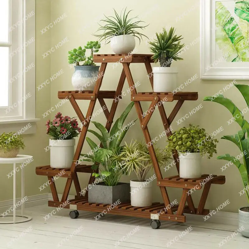 Triangular Plant Shelf 6 Potted Carbonized Wood Plant Holder Flower Pot Stand Display Storage Rack with Wheels for Garden triangular plant shelf 6 potted carbonized wood plant holder flower pot stand display storage rack with wheels for garden