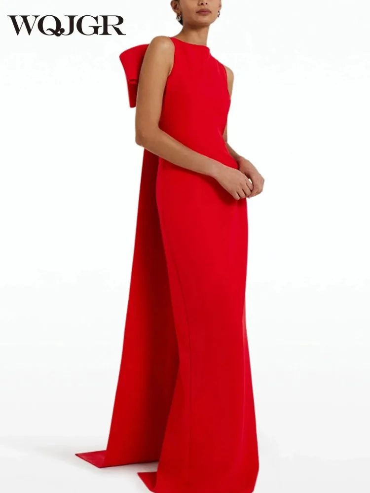 

VKBN Red Banquet Wedding Robe Dresses Prom Casual Sleeveless Big Bow Elegant Mermaid Celebrity Party Evening Dresses Women
