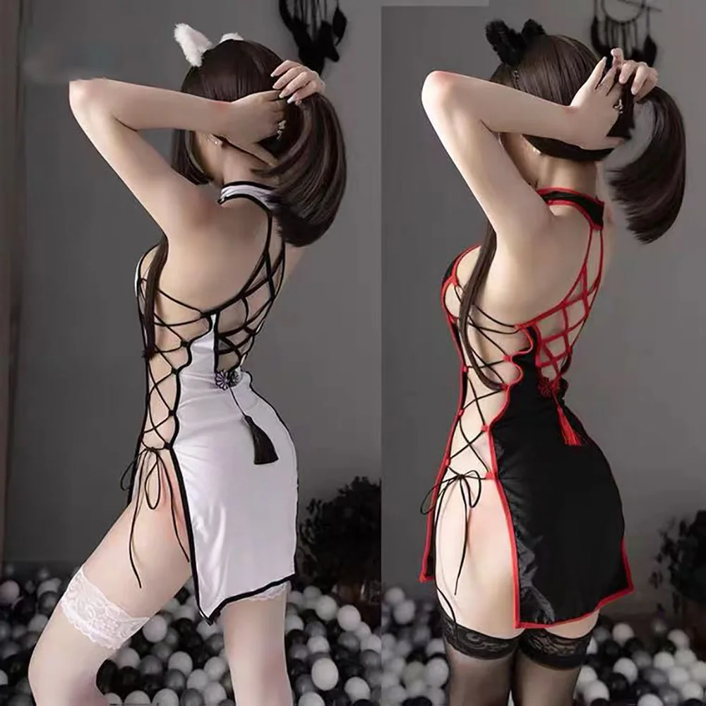 

Woman Cheongsam Sexy Lingerie Evening Dress Chinese Style Hollow Out Bandage Tassel Lovers Flirt Soft Comfortable Exotic Customs