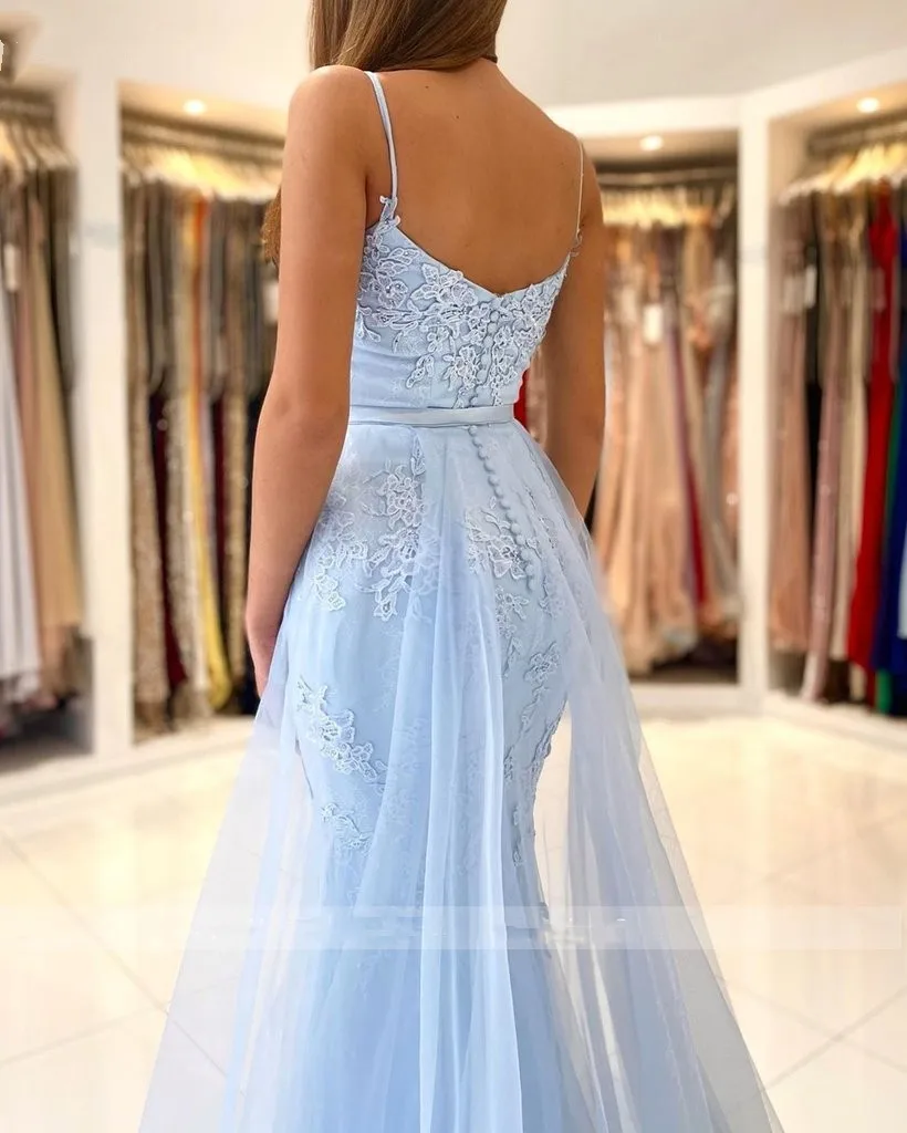 Light Blue Mermaid Prom Dresses Long Sweetheart Appliques Lace Evening Dress Detachable Tulle Train Formal Party Gowns
