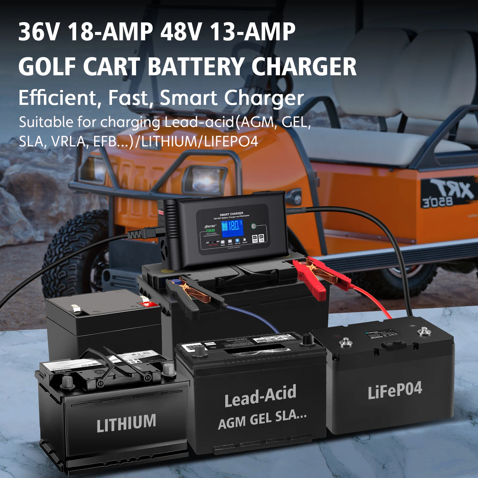 HTRC 36V/48V 18암페어 골프 카트 배터리 충전기 리튬 LiFePO4 납산 배터리용 EZ-GO TXT RXV 야마하 클럽 카 메달리스트