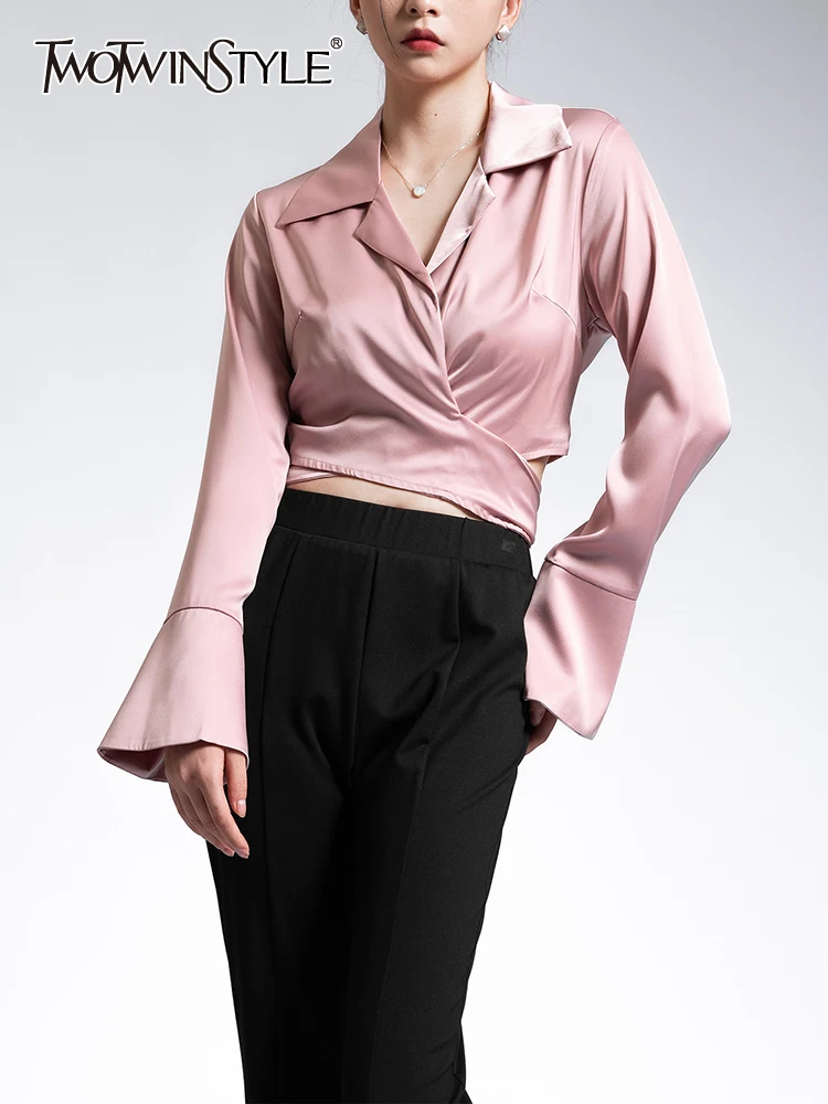 

TWOTWINSTYLE Solid Slimming Blouse For Women Lapel Flare Sleeve Tunic Patchwork Lace Up Temperament Shirts Female Fashion New