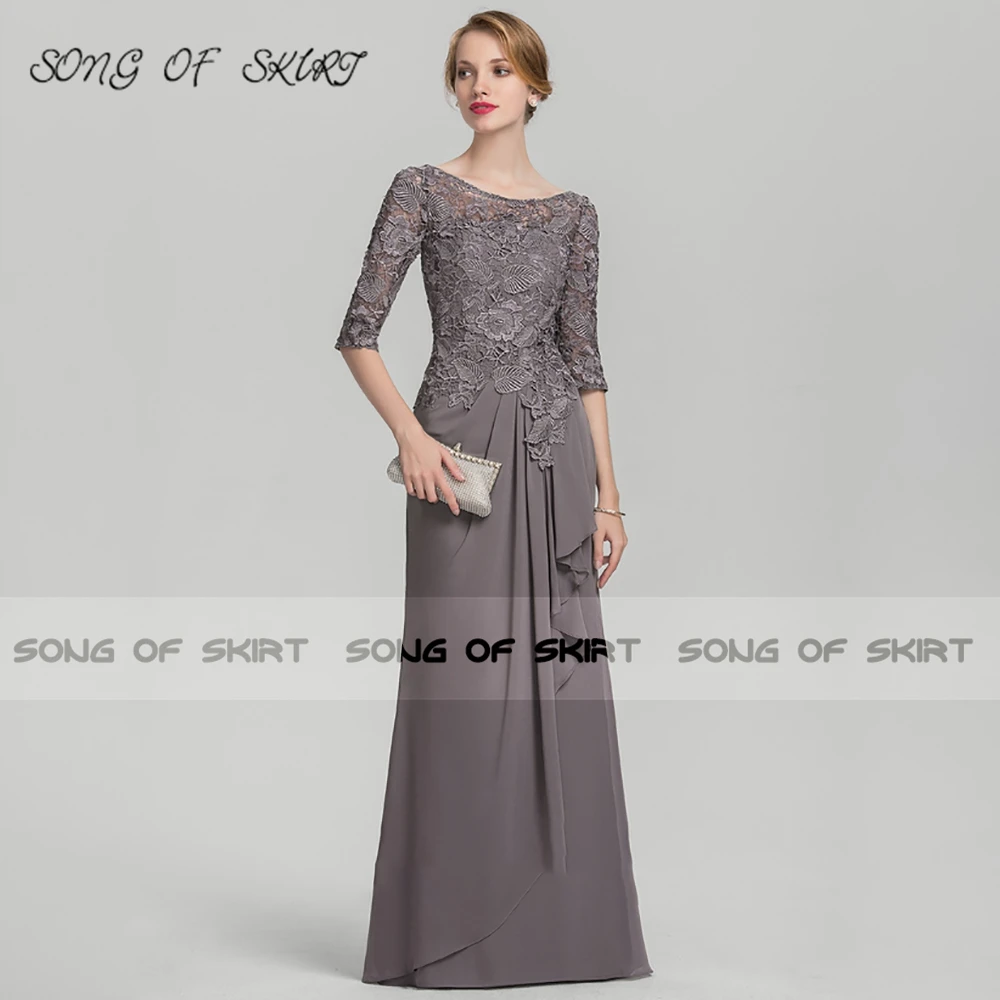 Mother Of Bride Dresses Grey Mermaid Long Lace Chiffon O Neck Mom Wedding Guests Evening Formal Gown