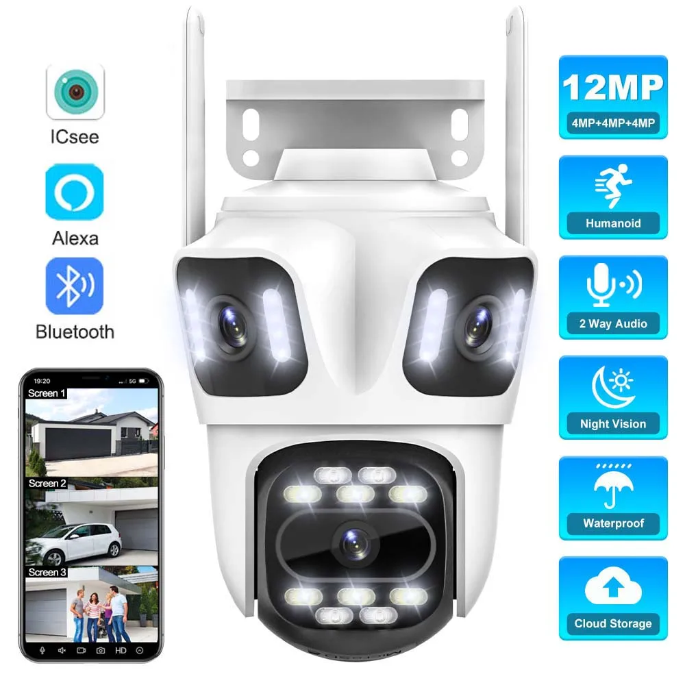 6K 12MP WiFi 카메라, 3 렌즈 3 화면 PTZ IP 카메라, 야외 홈 보안 카메라, 자동 추적 비디오 감시, 스마트 보안 보호, CCTV 와이파이 감시 카메라 ICSEE 