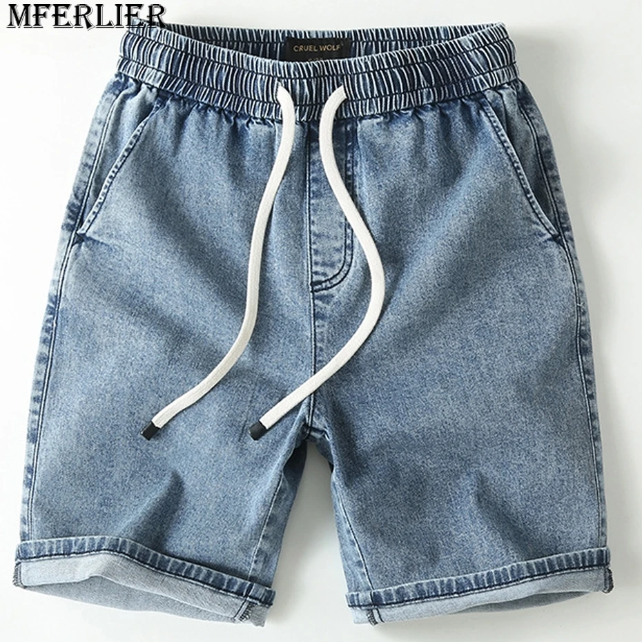 

Шорты мужские джинсовые с эластичным поясом, модные повседневные однотонные синие короткие штаны из денима, лето