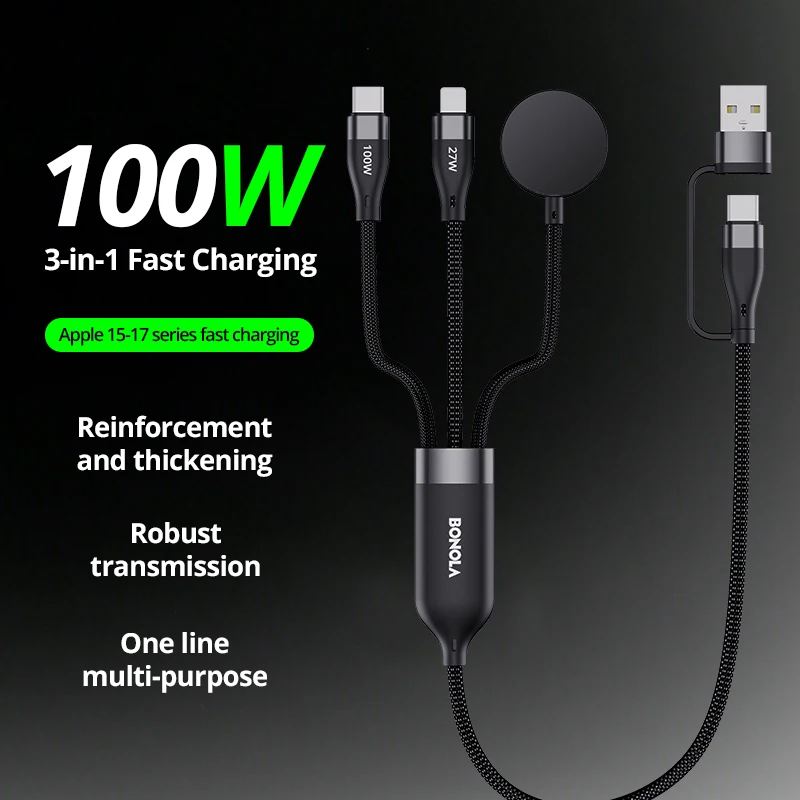 보놀라 3 in 2 USB 타입 C 케이블 아이폰 17/16/15/14/13/12 프로 충전 케이블 USB 타입 C 애플워치 충전 케이블