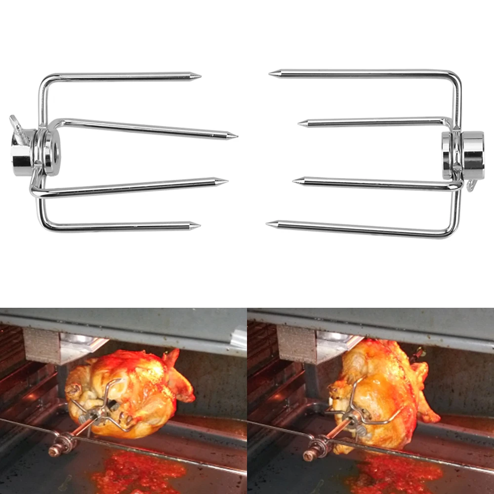 2pcs/set Stainless Steel Rotisserie Spit BBQ Forks Picnic Charcoal Chicken Grill Rotisserie Meat Fork Barbecue Roast Tool barbecue skewers barbecue tools