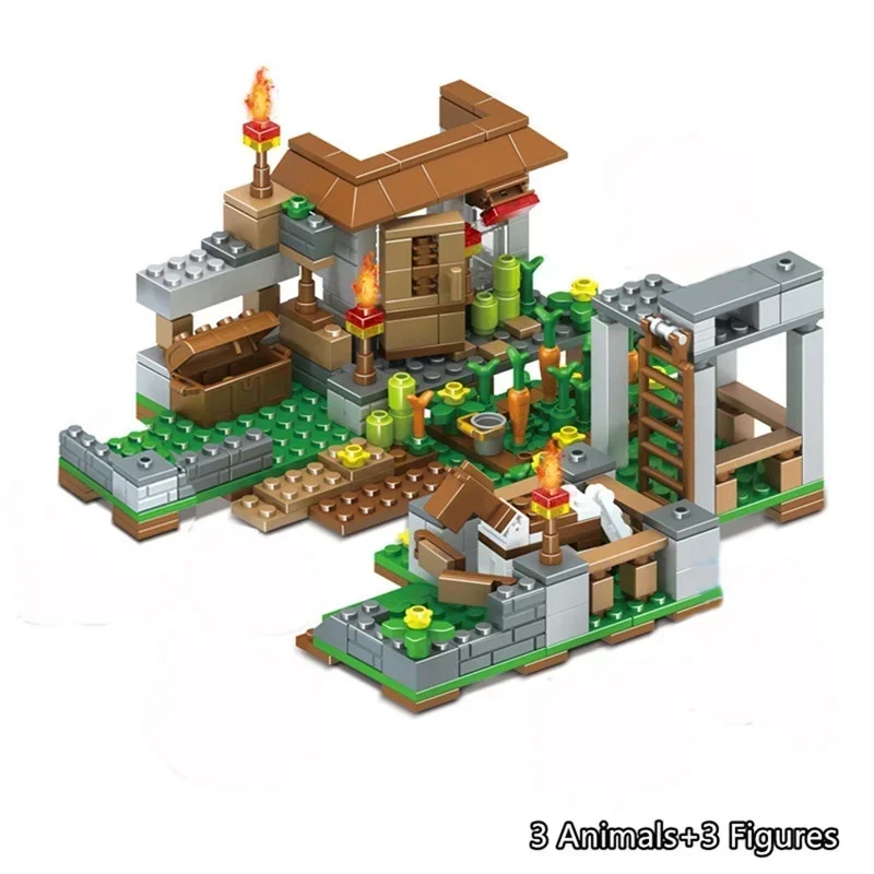 Villages House Worlds Building Blocks Mountain Cave Farm Nether Fight Zombie Alex Action Bricks Toys for Children Gifts 6