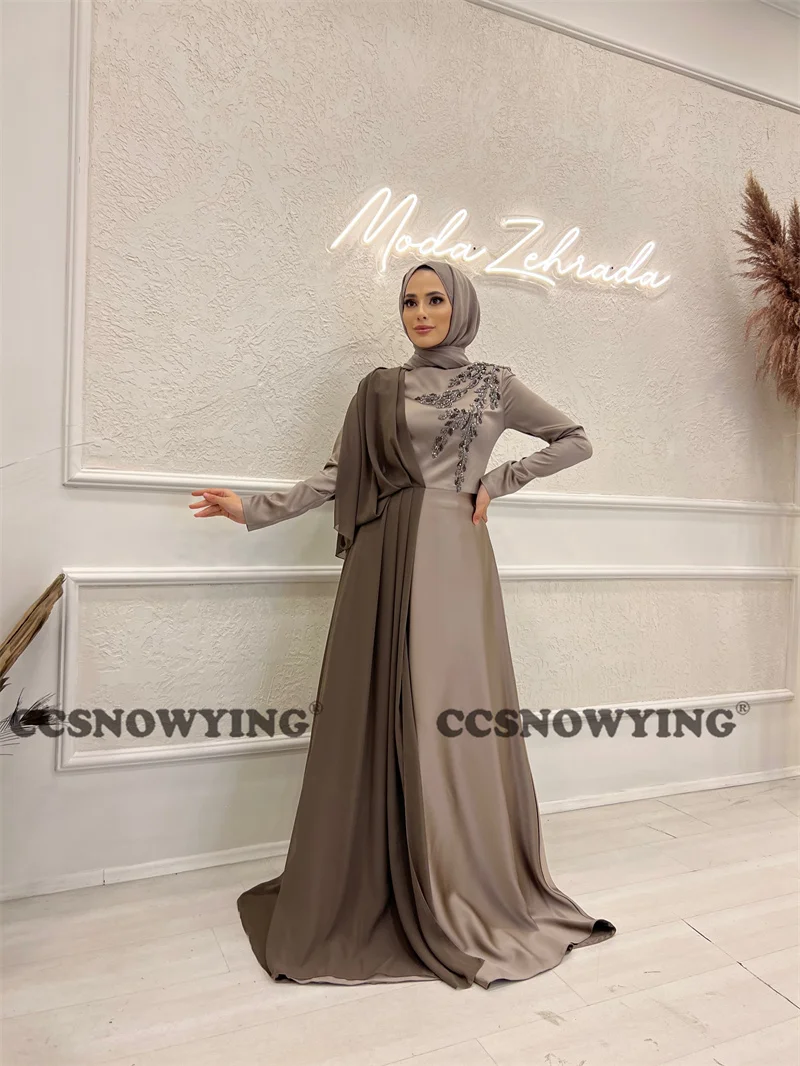 

Elegant Long Sleeve Muslim Hijab Evening Dress Satin Appliques Prom Formal Party Gown Arabia Dubai Kaftan Islamic Robe De Soiree