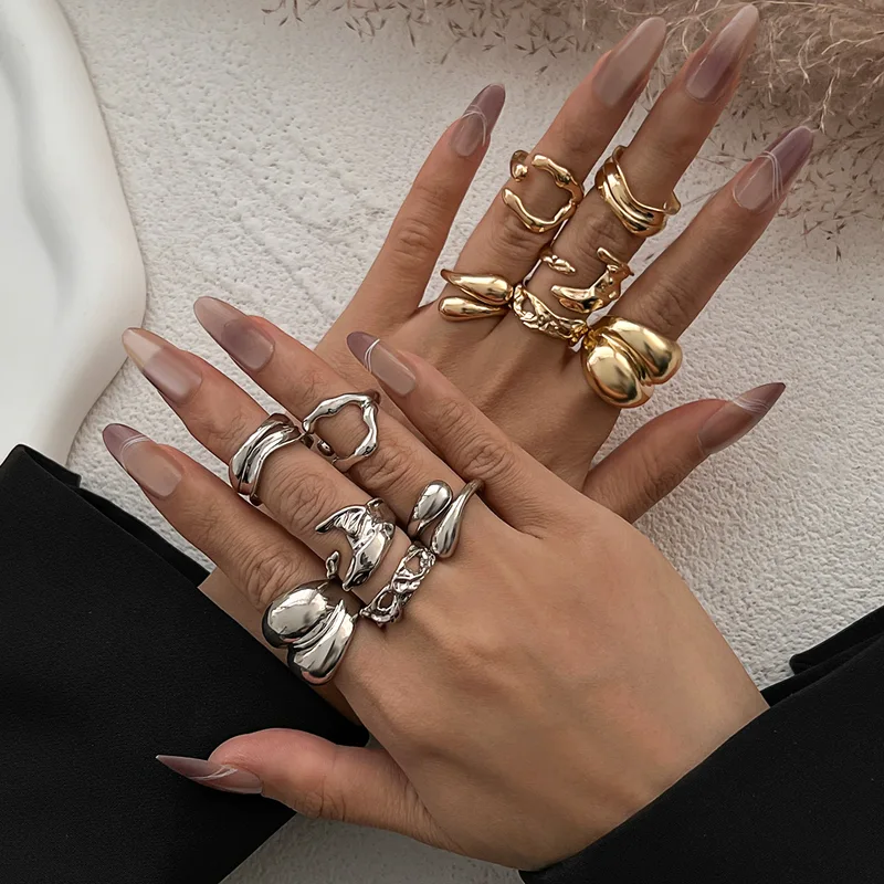 6Pcs/set Vintage Irregular Rings Set Geometric Metal Gold