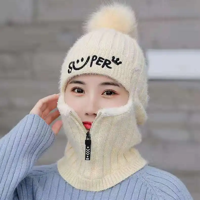 Coral Fleece Winter Women Knitted Hats Add Fur Warm Winter Hats For Women With Zipper Keep Face Warmer Balaclava Pompoms Caps 6