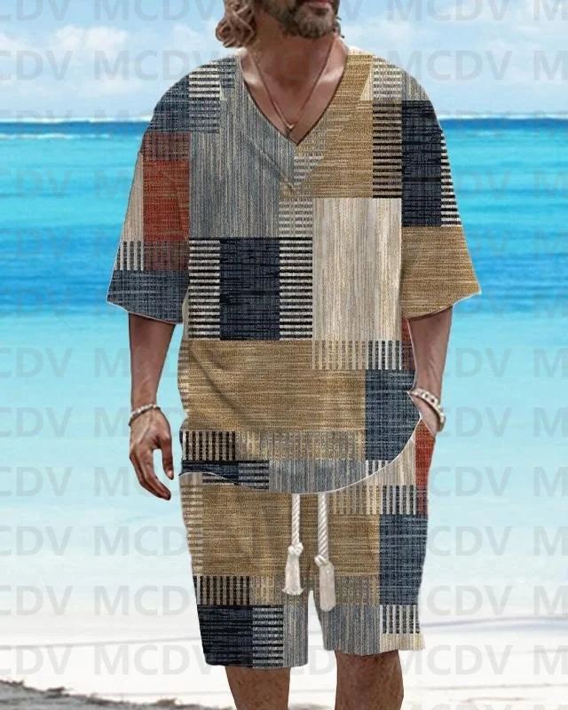 

Мужской повседневный винтажный комплект из футболки с V-образным вырезом и короткими рукавами