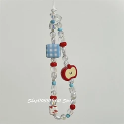Korean Cute Apple Pearl Beaded Phone Charm Chain - Stylish Anti - Lost Lanyard (Blue - Red)