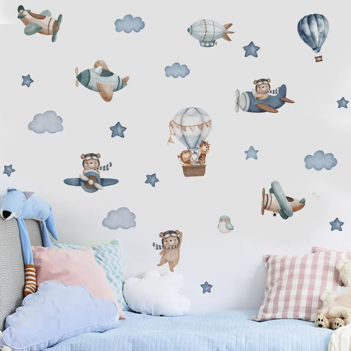 Safari Animals Adventure Wall Stickers - Watercolor Hot Air Balloons & Trees